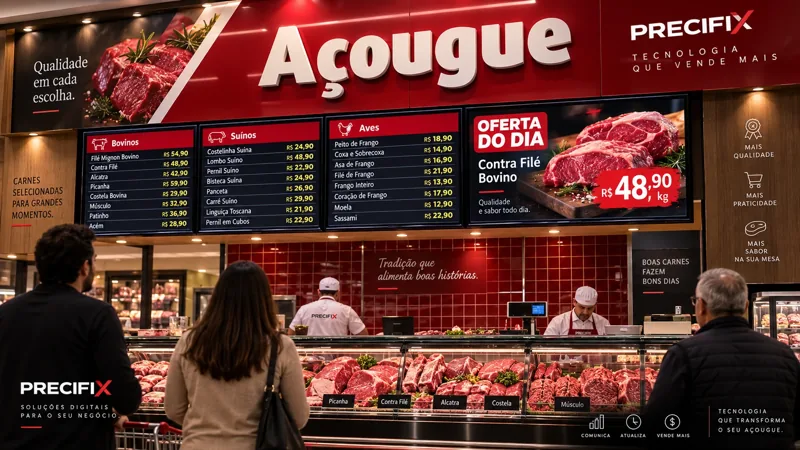 Tabela de preços e oferta digital exibidas acima do balcão de um açougue.