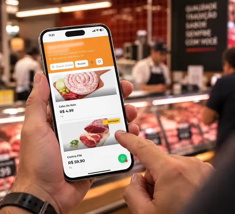 Cliente consulta imagens e preços de produtos no catálogo pelo celular.