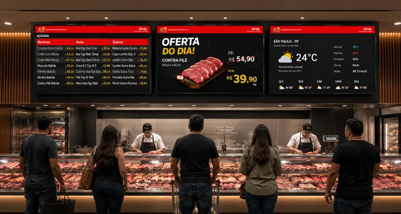 Ambiente de açougue com telas de preços e ofertas do Precifix.