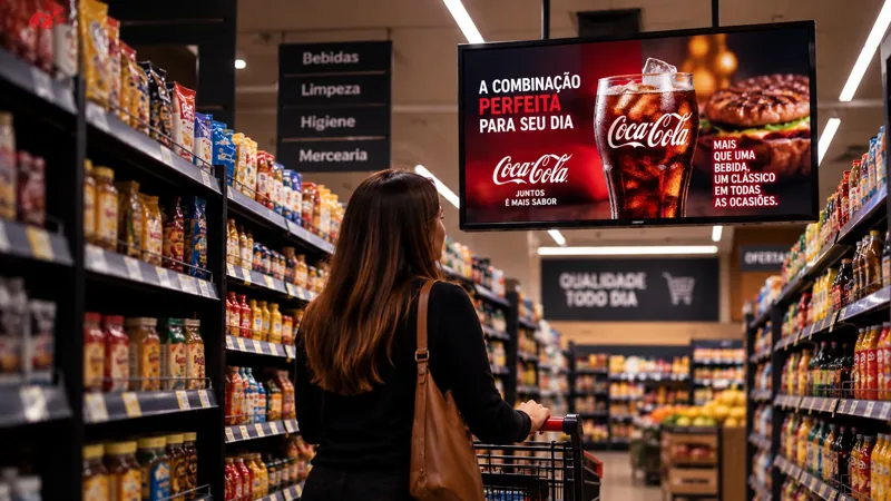 Campanha de fornecedor exibida em uma tela no corredor do supermercado.