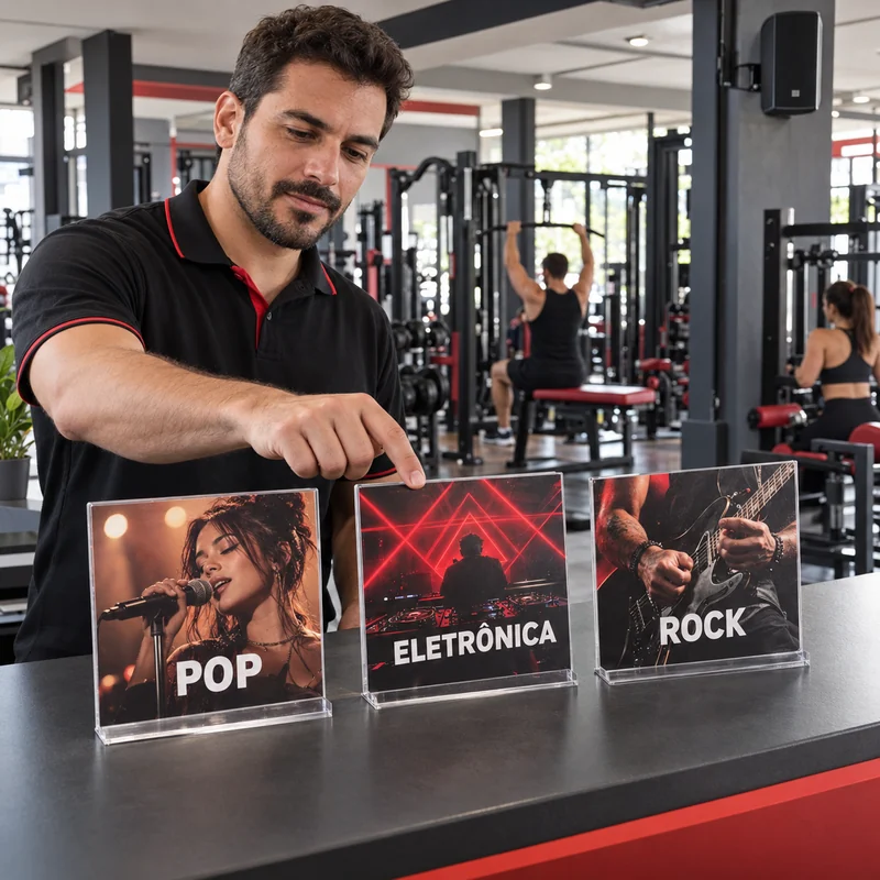 Gestor escolhendo o estilo musical na academia entre Pop, Eletrônica e Rock