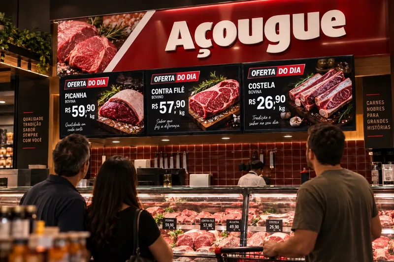 Ofertas do dia exibidas em três telas acima do balcão.