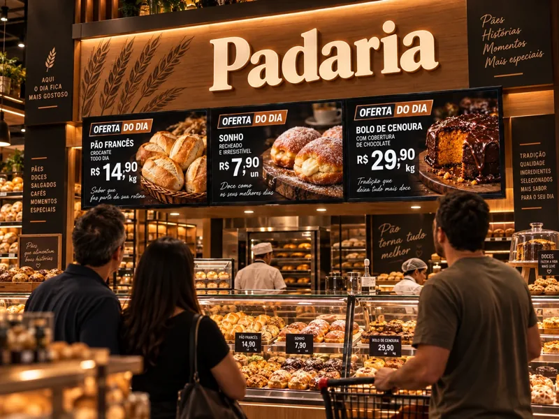 Telas em uma padaria com ofertas de pães, sonhos e bolos.