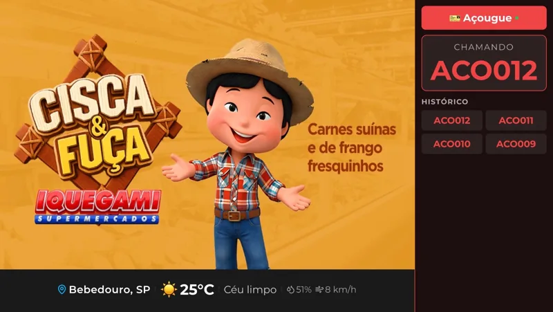 Exemplo de tela com chamada de senha, histórico de atendimento e campanha.