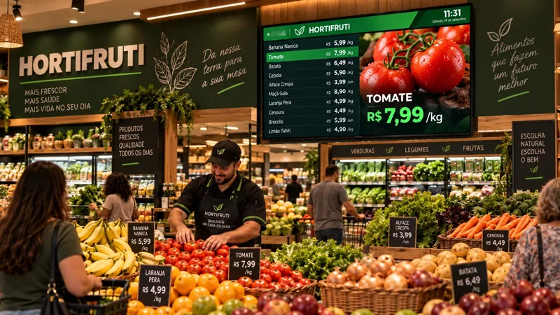 Vitrine digital de hortifruti com preços e imagem de tomate em destaque.