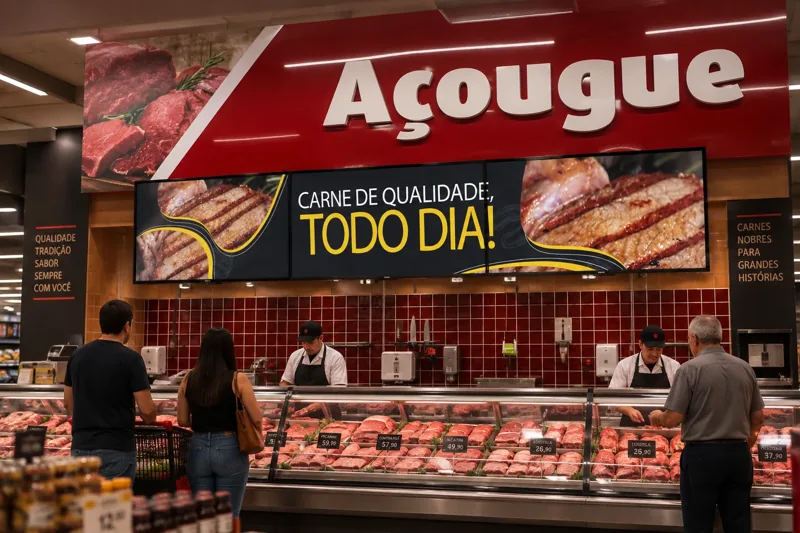 Videowall horizontal com campanha distribuída entre várias telas.