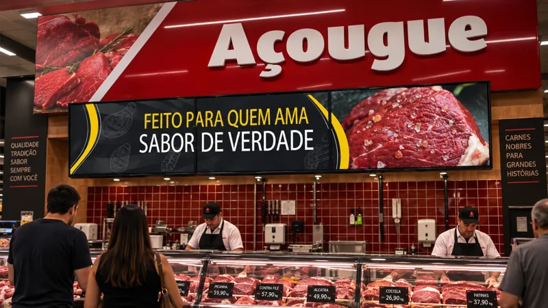 Composição de produtos e campanhas em telas de videowall.